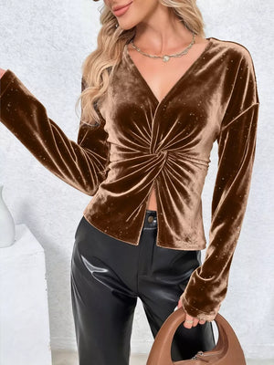 Brown velvet tunic with twisted front and long sleeves
