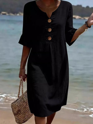 Button Decor Ruffle Sleeve Midi Dress Plus Size, close-up detail