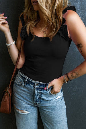 Black ribbed tank top with ruffled straps and scoop neckline