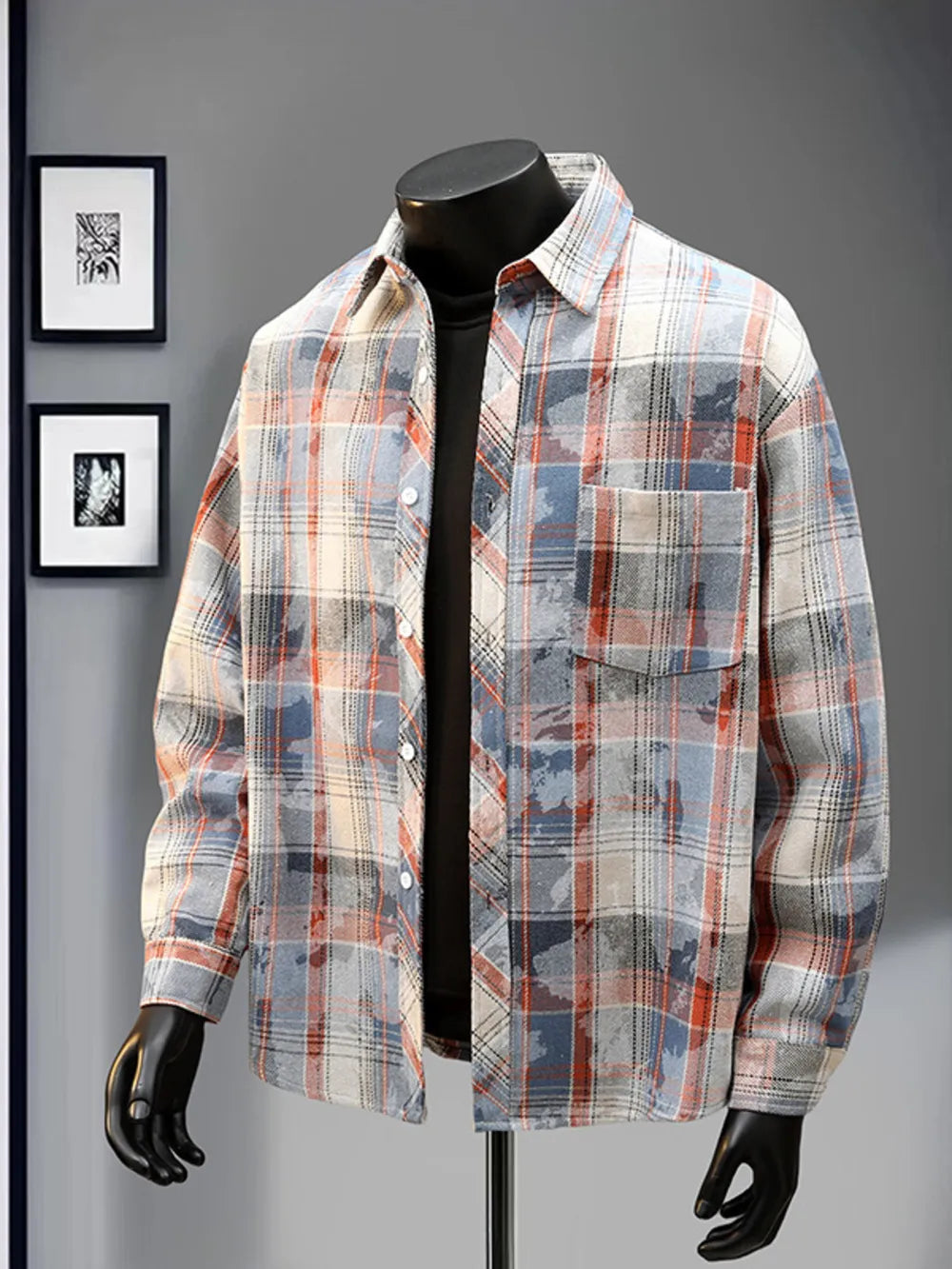 Heritage plaid long sleeve button-up shirt in blue and brown with a chest pocket.