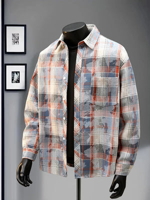 Heritage plaid long sleeve button-up shirt in blue and brown with a chest pocket.