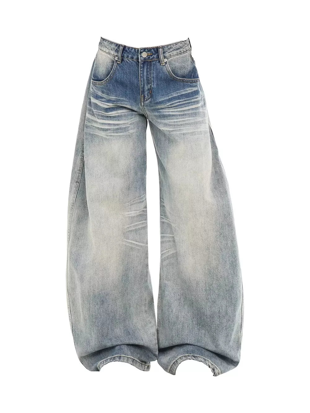 Men's washed blue cotton wide leg jeans with button closure and distressed details.