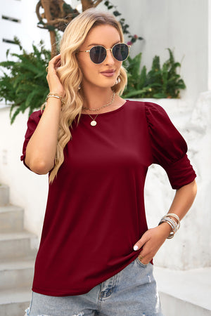 Burgundy puffed sleeve cuff detail top with round neckline