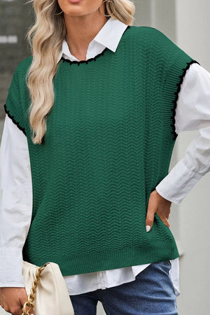 Textured Knit Sleeveless Sweater Vest in Dark Green, back view