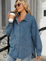Medium wash oversized denim jacket with hood, button front, and chest pockets.