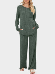 Ribbed knit loungewear set in Army Green with long sleeves, crew neck, chest pocket, and wide-leg pants.