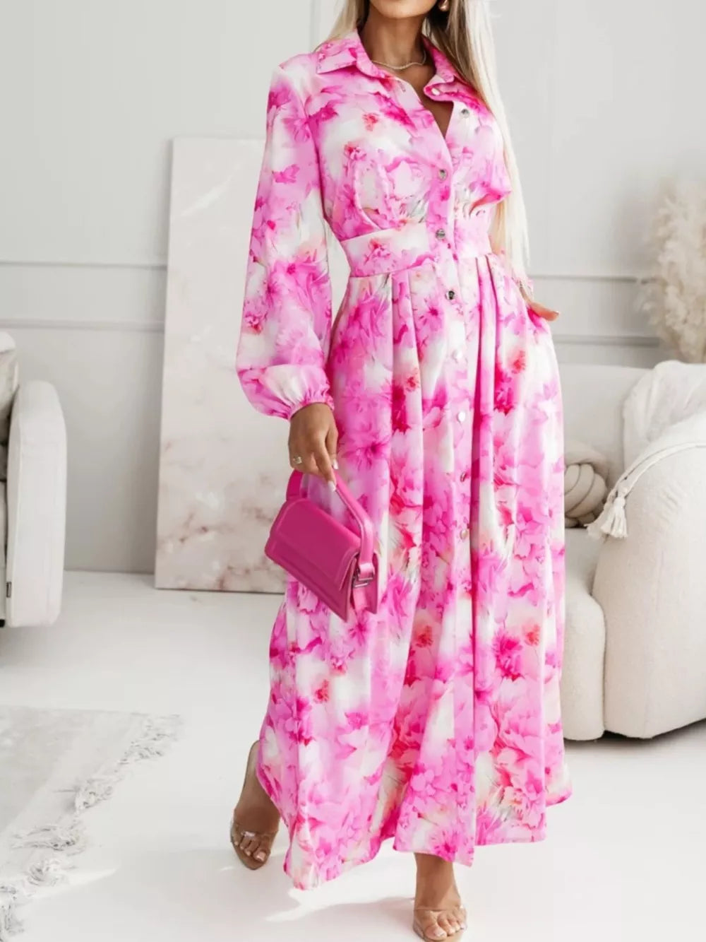 Long Sleeve Maxi Shirt Dress in Pastel Blue, front view