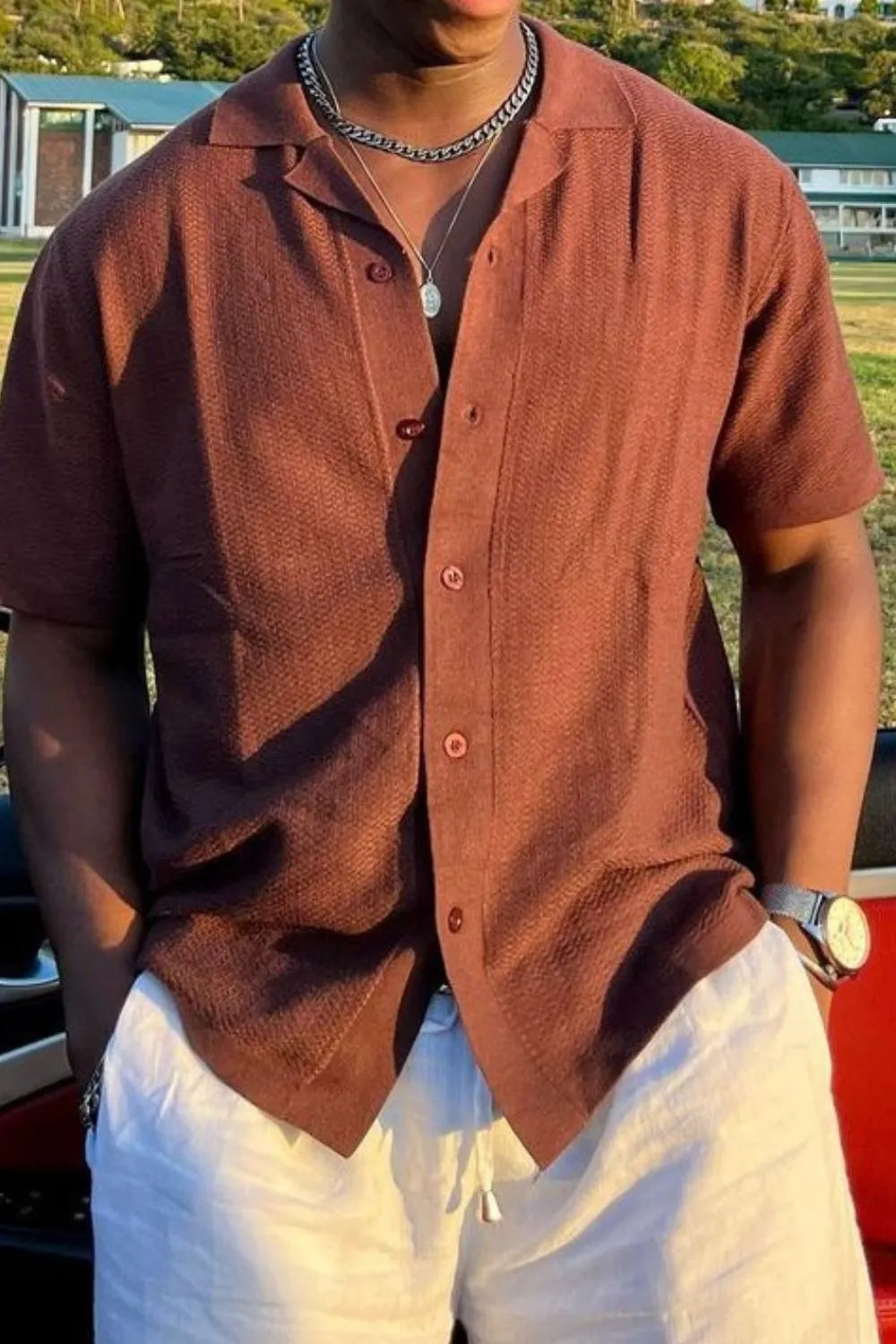 Textured terracotta Cuban collar short sleeve shirt with button front.