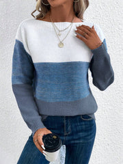 Colorblock boatneck knit sweater in white, blue, and gray acrylic with long sleeves.