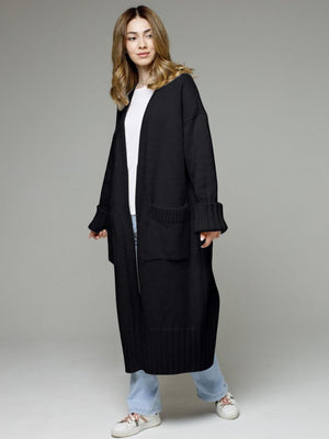 Black oversized ribbed-trim maxi cardigan with pockets and cuffed sleeves.
