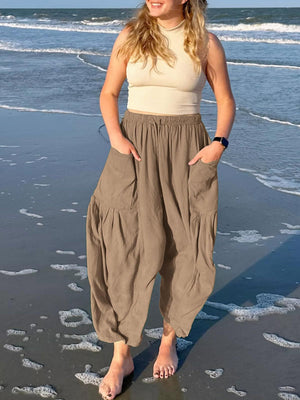 Camel linen balloon trousers with cargo pockets and elastic waist