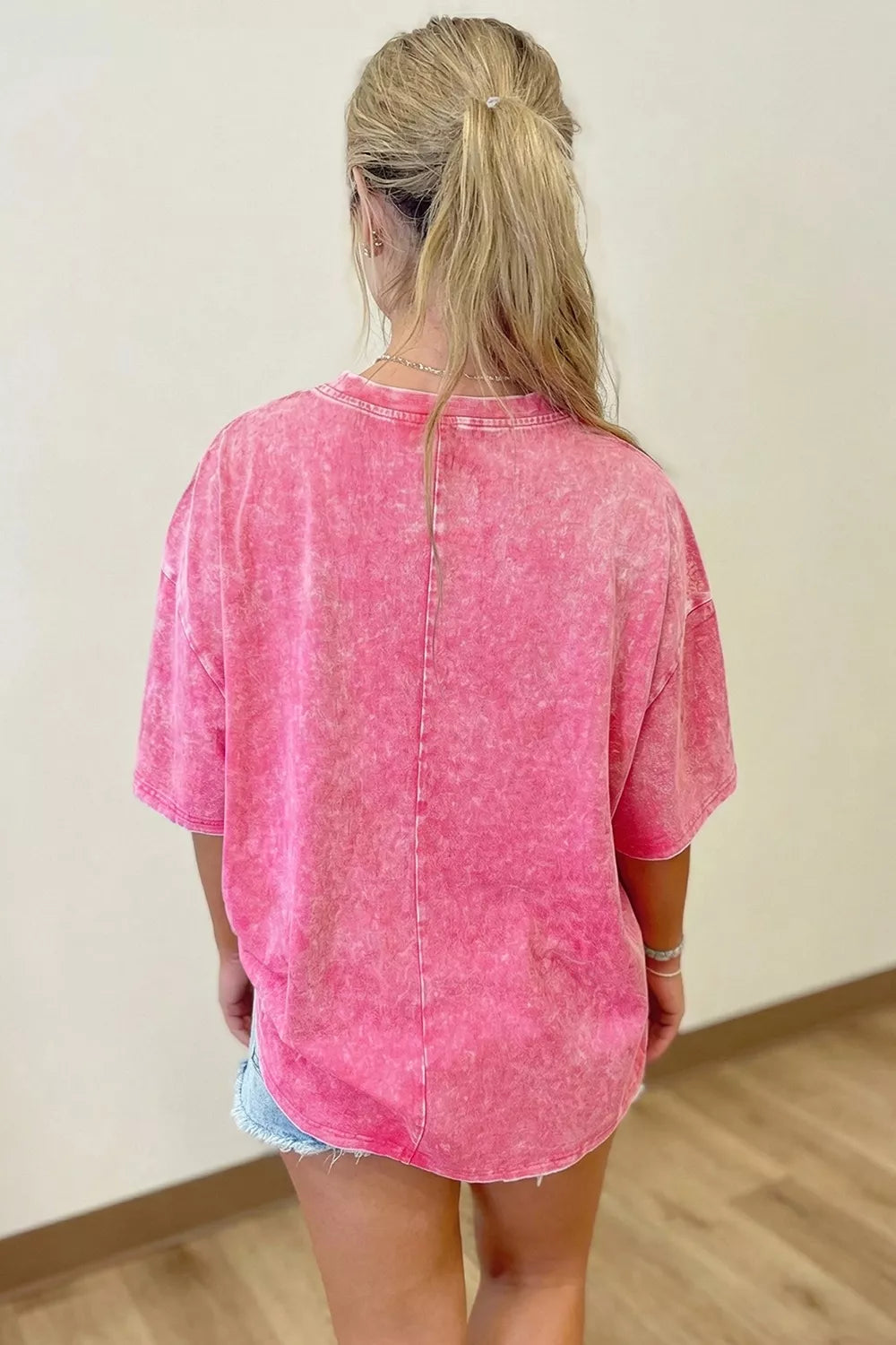 Solid Color Cotton Mineral Washed Oversize Tee in Mint Blue, back view
