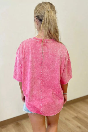 Solid Color Cotton Mineral Washed Oversize Tee in Mint Blue, back view