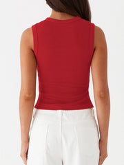 Scarlet ribbed knit sleeveless crop top with a crew neck.