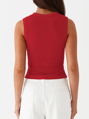Scarlet ribbed knit sleeveless crop top with a crew neck.