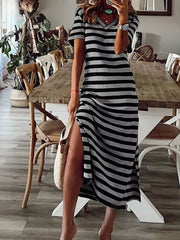 Full Size Striped V-neck Midi Dress With Side in Yellow, alternate angle