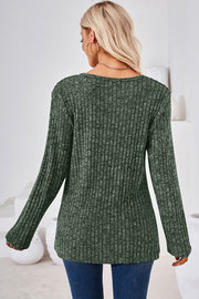 Asymmetric button ribbed knit top in Matcha Green with long sleeves and a crew neck.