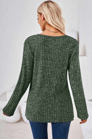 Asymmetric button ribbed knit top in Matcha Green with long sleeves and a crew neck.