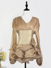 Gold ruffled mini dress with corset waist and long sleeves