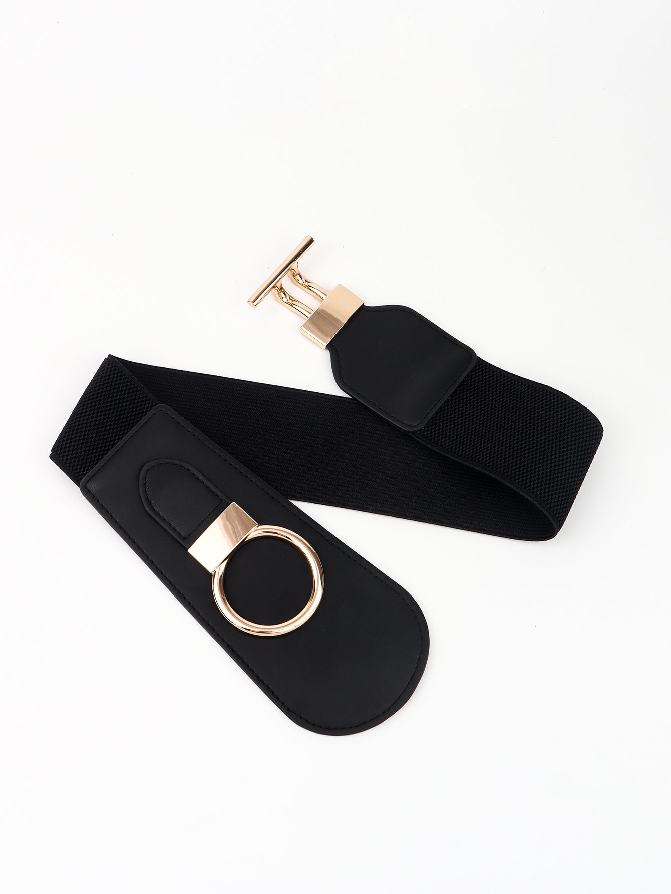 Black elastic belt with gold ring buckle and T-bar closure