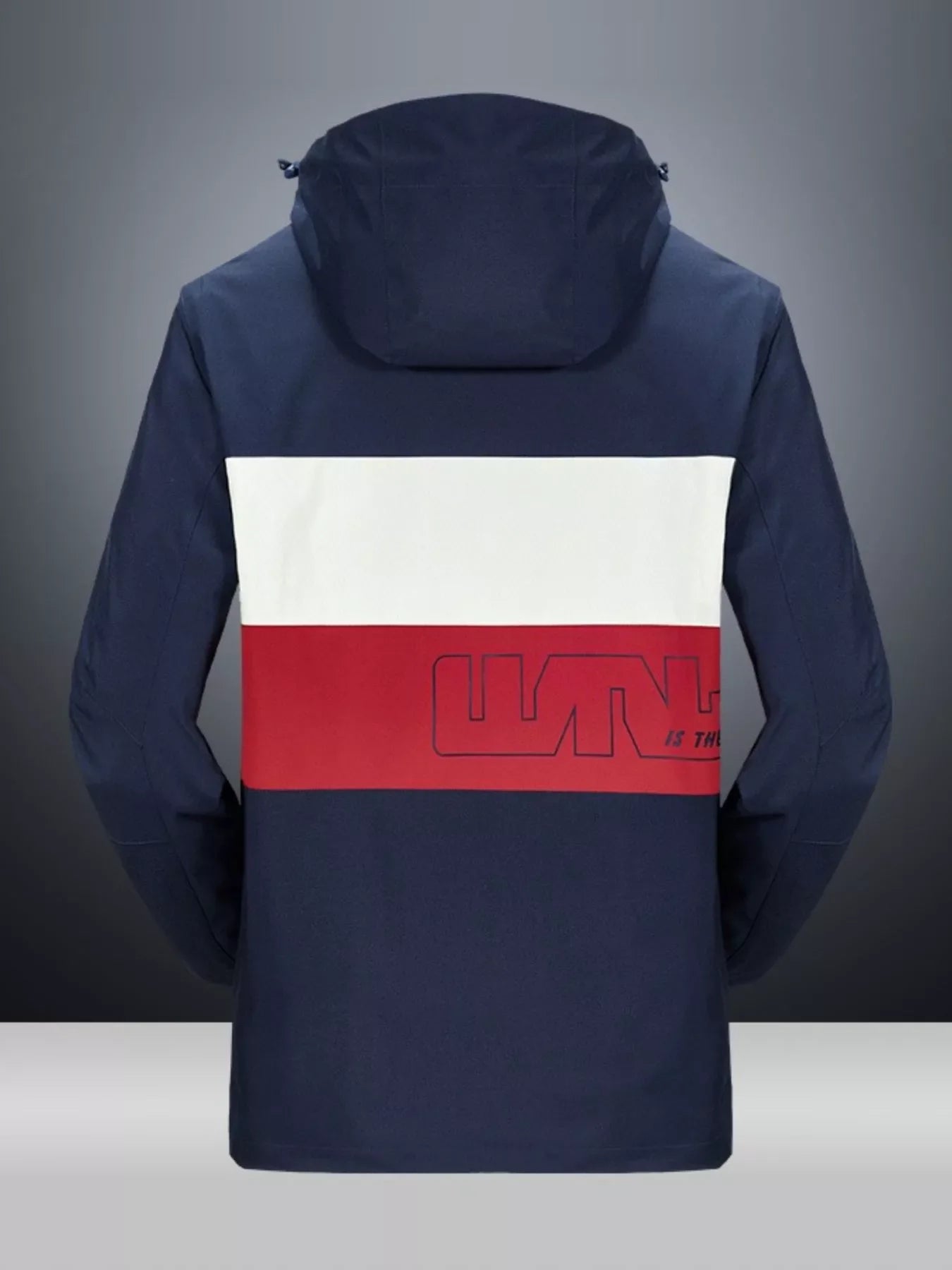 Men's navy hooded jacket with white and red stripe detail and graphic logo on back.