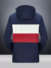 Men's navy hooded jacket with white and red stripe detail and graphic logo on back.