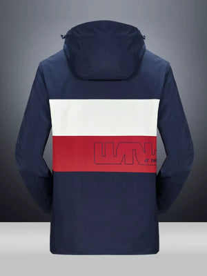 Men's navy hooded jacket with white and red stripe detail and graphic logo on back.