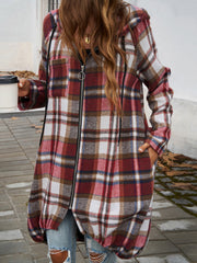 Draped plaid cocoon hoodie jacket in red, brown, and white with a zip front and drawstring hood.