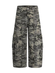 Men's grey camouflage cotton cargo pants with multiple pockets and a relaxed fit.