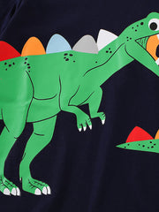 Children's navy short sleeve t-shirt with a green dinosaur graphic and colorful spikes.