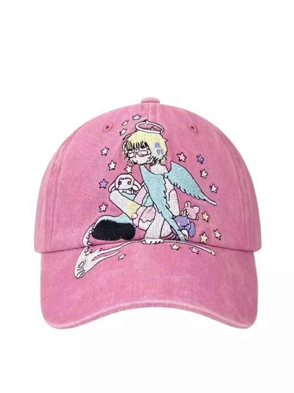 Pink cotton baseball cap with whimsical angel and bunny embroidery and star accents.