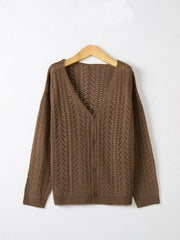 Brown chevron knit lightweight cardigan with button-down front and V-neck.
