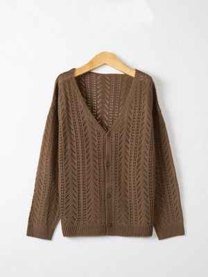 Brown chevron knit lightweight cardigan with button-down front and V-neck.