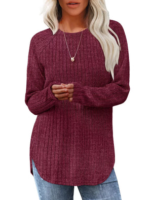 Ribbed knit long sleeve maternity tee in Rust with crew neck and curved hem.