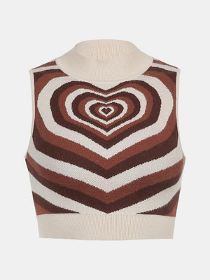 Brown knit tank top with a white and brown concentric heart intarsia pattern and mock neck.