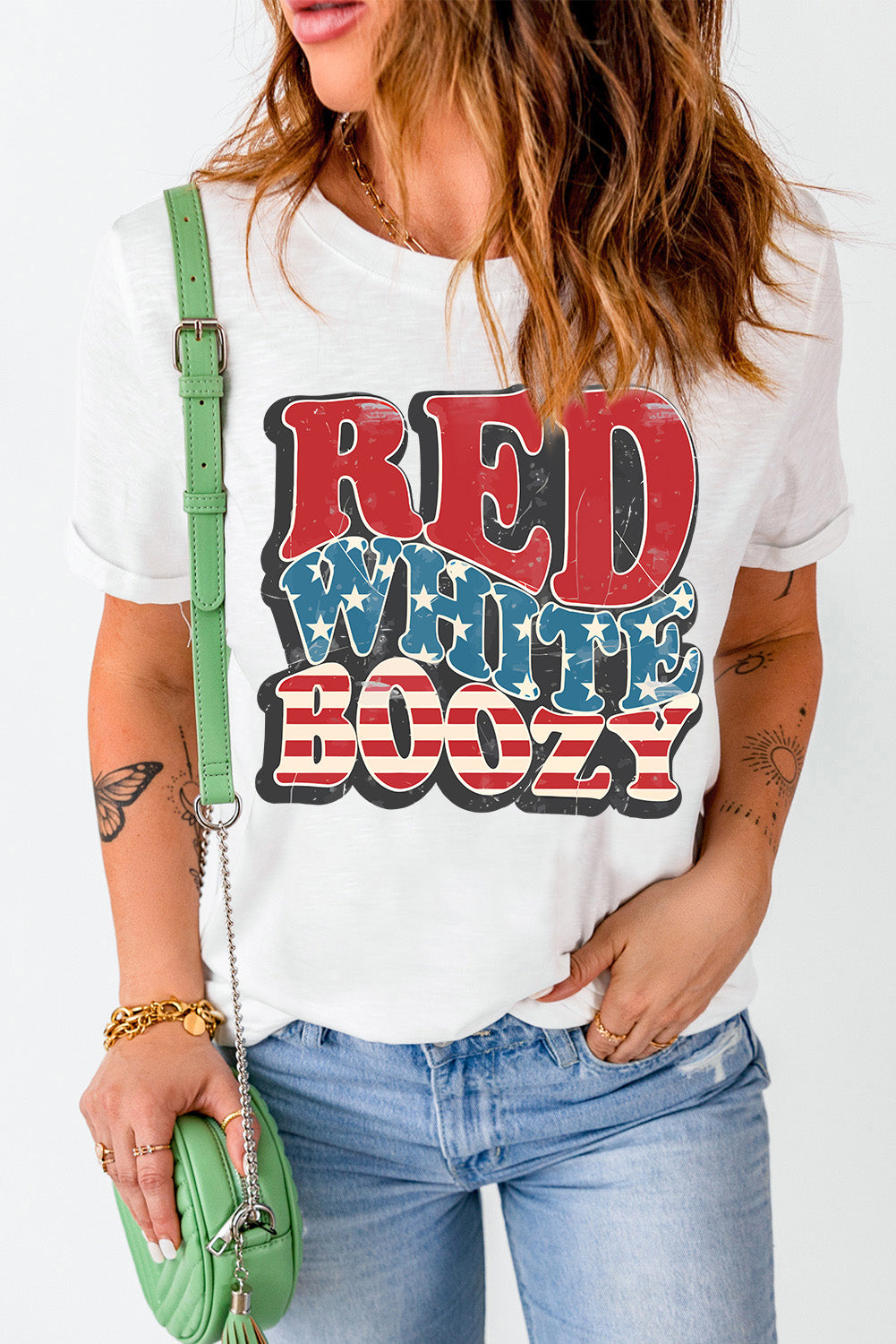 White cotton crewneck tee with distressed patriotic "Red White Boozy" graphic print.