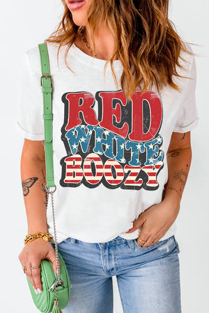 White cotton crewneck tee with distressed patriotic "Red White Boozy" graphic print.