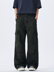 Men's black 100% cotton wide-leg cargo pants with multiple pockets.