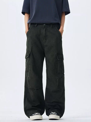 Men's black 100% cotton wide-leg cargo pants with multiple pockets.