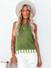 Lime knit tank top with crochet neckline and tassel trim