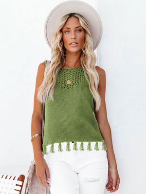 Lime knit tank top with crochet neckline and tassel trim