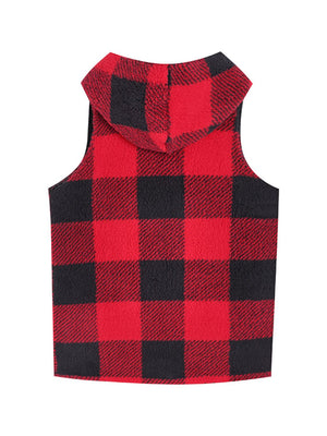 Reversible buffalo check vest in deep red and black with a fuzzy texture and hood.
