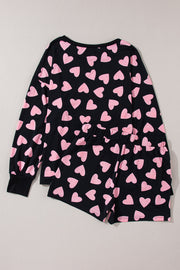 Black heart print pajama set with long sleeve top and shorts