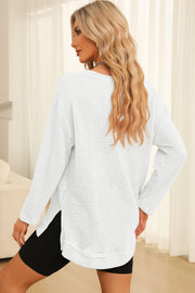 White waffle knit oversized top with slit hem detail