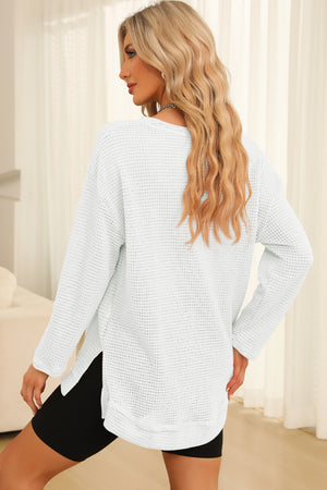 White waffle knit oversized top with slit hem detail