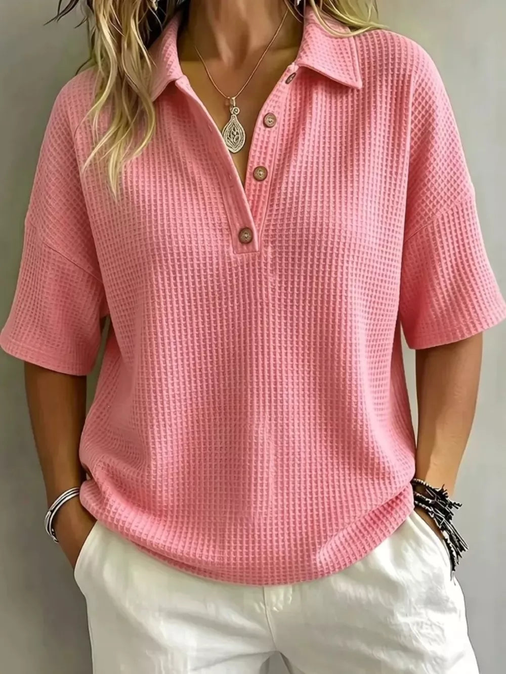 Full Size Waffle Knit Polo Top Plus Size, alternate angle