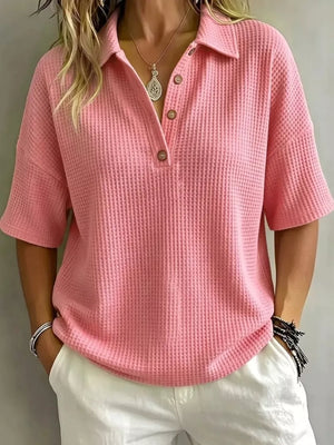 Full Size Waffle Knit Polo Top Plus Size, alternate angle