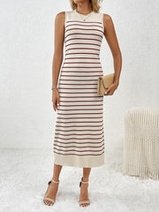 Striped ribbed sleeveless midi dress in cream with maroon stripes, featuring a mock neck.
