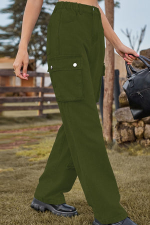 Army green relaxed wide leg cargo pants with utility pockets and silver button details.