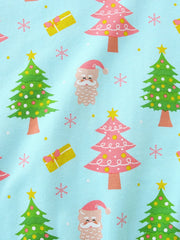 Children's aqua cotton crew neck sweatshirt with Santa, Christmas trees, and gift pattern.